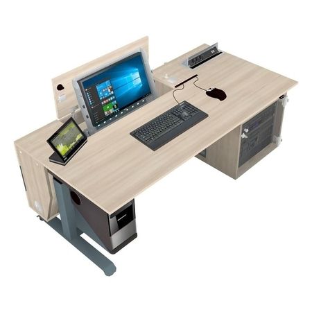 Moderner Computertisch mit integriertem Monitor, Tastatur und Serverablage