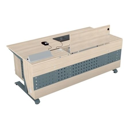 Moderner, ausziehbarer Computertisch mit eingebautem Monitor und Tablet