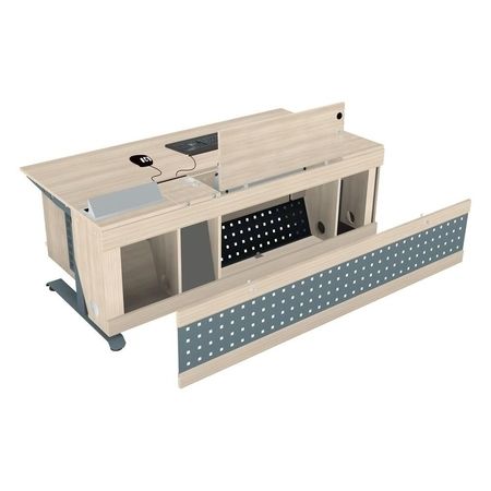 Moderner beiger Computertisch mit ausziehbarer Tastaturablage und Sichtschutz