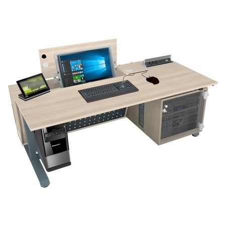 Moderner L-förmiger Schreibtisch mit eingebautem Computer, Tastatur, Maus und Serverschrank