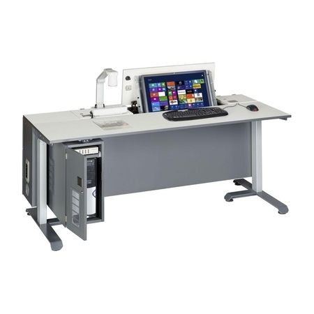 Ein Schreibtisch mit einem Monitor und einer Tastatur