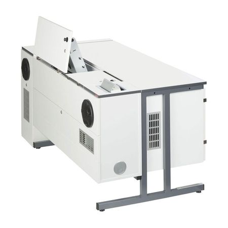 Ein weißer Schreibtisch mit einem Metallrahmen