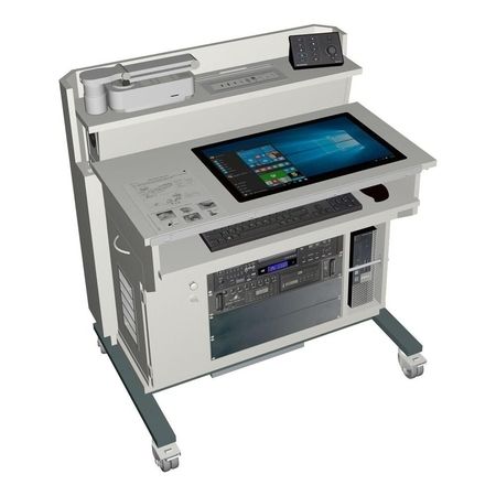Ein moderner Arbeitsplatz auf Rädern mit einem Touchscreen-Computer, einer Tastatur und verschiedenen elektronischen Geräten