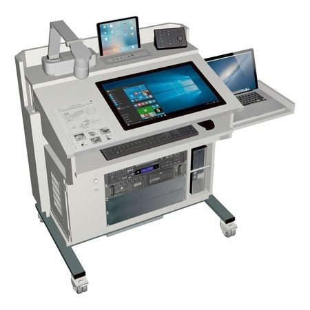 Ein moderner Arbeitsplatz auf Rädern mit einem Touchscreen-Computer, einer Tastatur und verschiedenen elektronischen Geräten