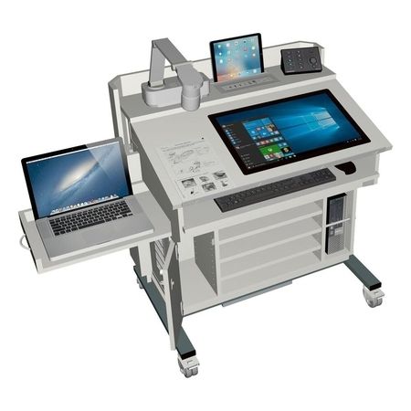 Ein moderner Arbeitsplatz auf Rädern mit einem Touchscreen-Computer, einer Tastatur und verschiedenen elektronischen Geräten