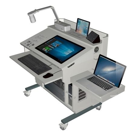 Ein moderner Arbeitsplatz auf Rädern mit einem Touchscreen-Computer, einer Tastatur und verschiedenen elektronischen Geräten