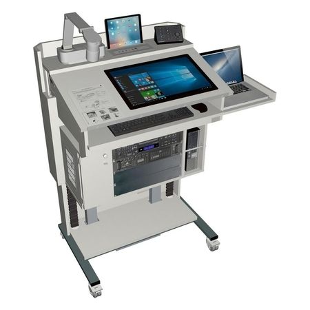 Ein moderner Arbeitsplatz auf Rädern mit einem Touchscreen-Computer, einer Tastatur und verschiedenen elektronischen Geräten