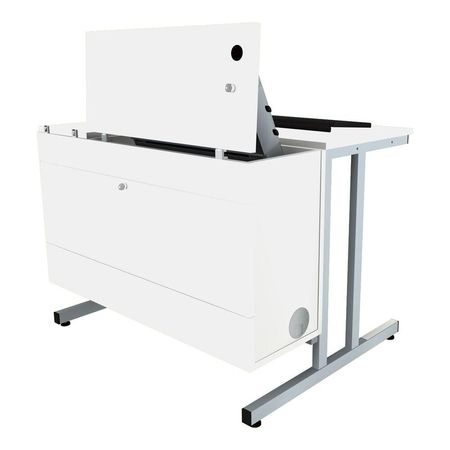 Weißer, klappbarer Schreibtisch mit schlankem Design, erhöhter Tischplatte und silbernen Metallbeinen