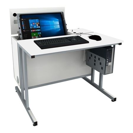 Ein moderner Arbeitsplatz mit einem Touchscreen-Monitor, einer Tastatur und einer Maus sowie einem Desktop-Computer unter einem eleganten weißen Schreibtisch