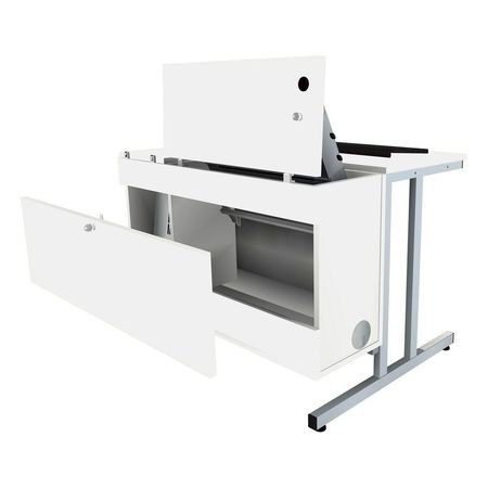 Weißer, moderner Schreibtisch mit Staufach, mit aufklappbarer Platte und Seitentür, auf einem stabilen Metallgestell