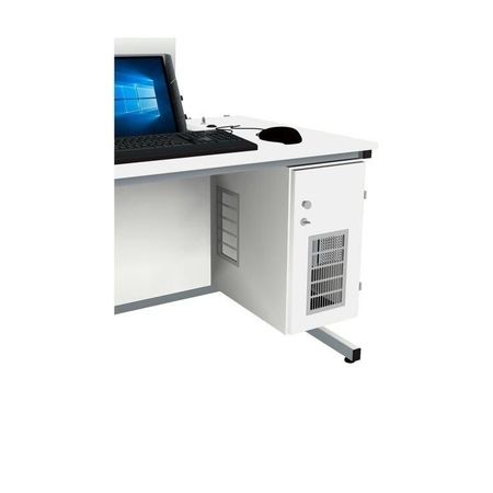 Ein moderner Arbeitsplatz mit einem Touchscreen-Monitor, einer Tastatur und einer Maus sowie einem Desktop-Computer unter einem eleganten weißen Schreibtisch