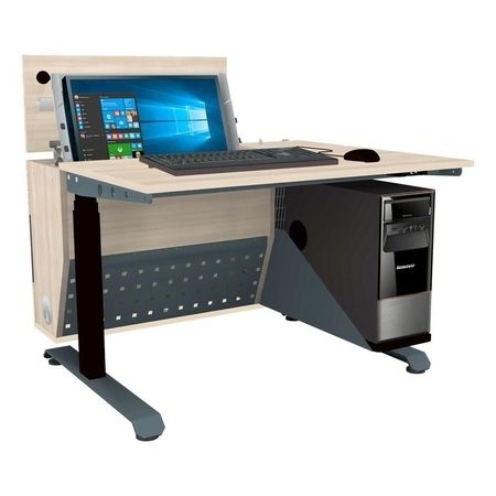 Moderner Computertisch mit integriertem Monitor, Tastatur und Serverablage