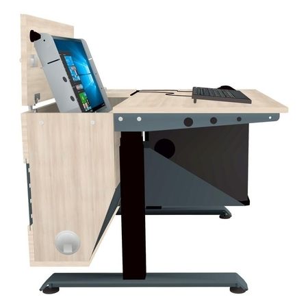 Moderner höhenverstellbarer Vortragstisch mit integriertem Computer und Tablet
