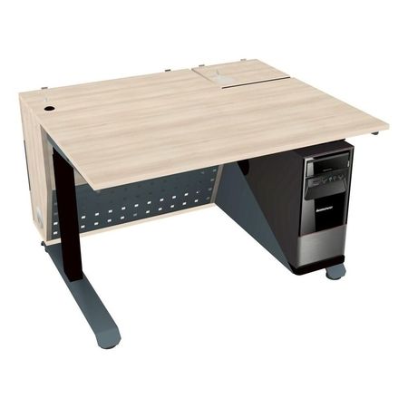 Moderner Tisch für die Zusammenarbeit mit integrierter Technologie, einschließlich Touchscreen und Server-Rack