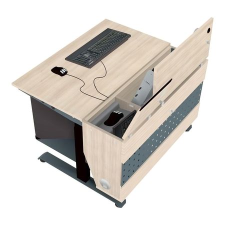 Moderner höhenverstellbarer Vortragstisch mit integriertem Computer und Tablet