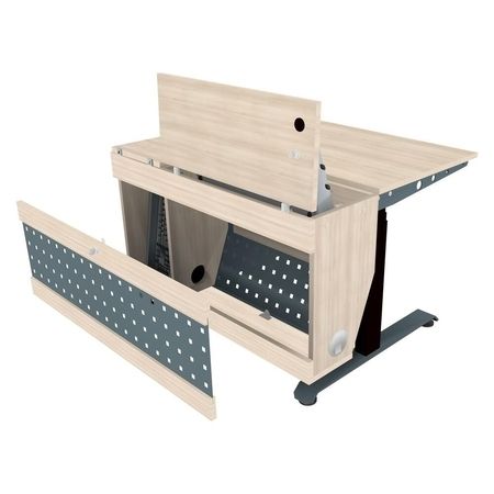 Moderner beiger Computertisch mit ausziehbarer Tastaturablage und Sichtschutz