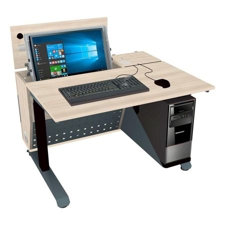 Moderner Computertisch mit integriertem Monitor, Tastatur und Serverablage