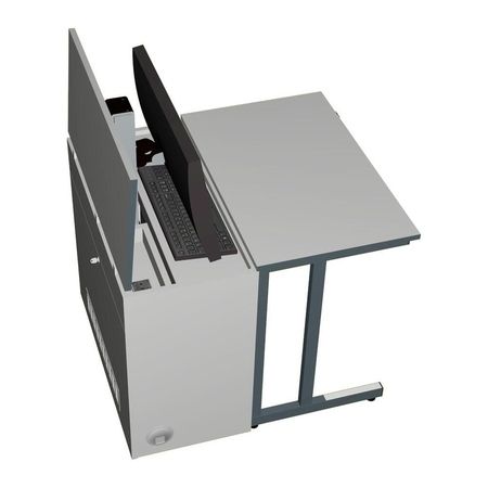 Moderner Computertisch mit integriertem Monitor und Tastatur, leicht zu verstauen