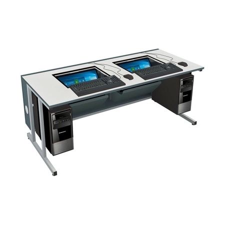 Computerlabortisch für zwei Personen mit eingebauten Monitoren und Tastaturen