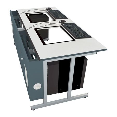 Computerlabortisch für zwei Personen mit eingebauten Monitoren und Tastaturen
