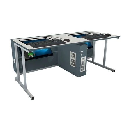 Computerlabortisch für zwei Personen mit eingebauten Monitoren und Tastaturen