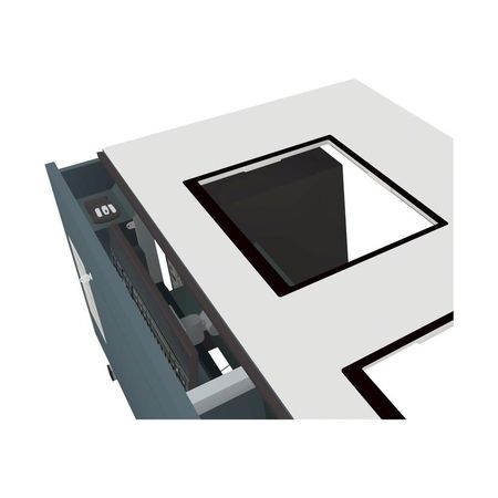 Versenkbarer Monitor in einem modernen Schreibtisch mit integrierter Stromversorgung und Bedienfeld