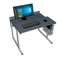 A workspace with a computer desk, equipped with a monitor and keyboard