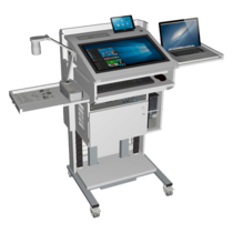 Eine mobile Workstation mit Touchscreen-Monitor, Tastatur und einem zweiten Laptop