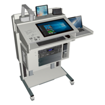 Eine mobile Workstation mit Touchscreen-Monitor, Tastatur und einem zweiten Laptop