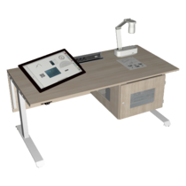 Ein modernes Lehrpult für das Klassenzimmer mit einer eingebauten Dokumentenkamera und einer interaktiven Touchscreen-Oberfläche
