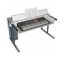 A keyboard alongside a music stand set on a clean white background