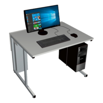 Ein Arbeitsplatz mit einem Computertisch, ausgestattet mit einem Monitor und einer Tastatur