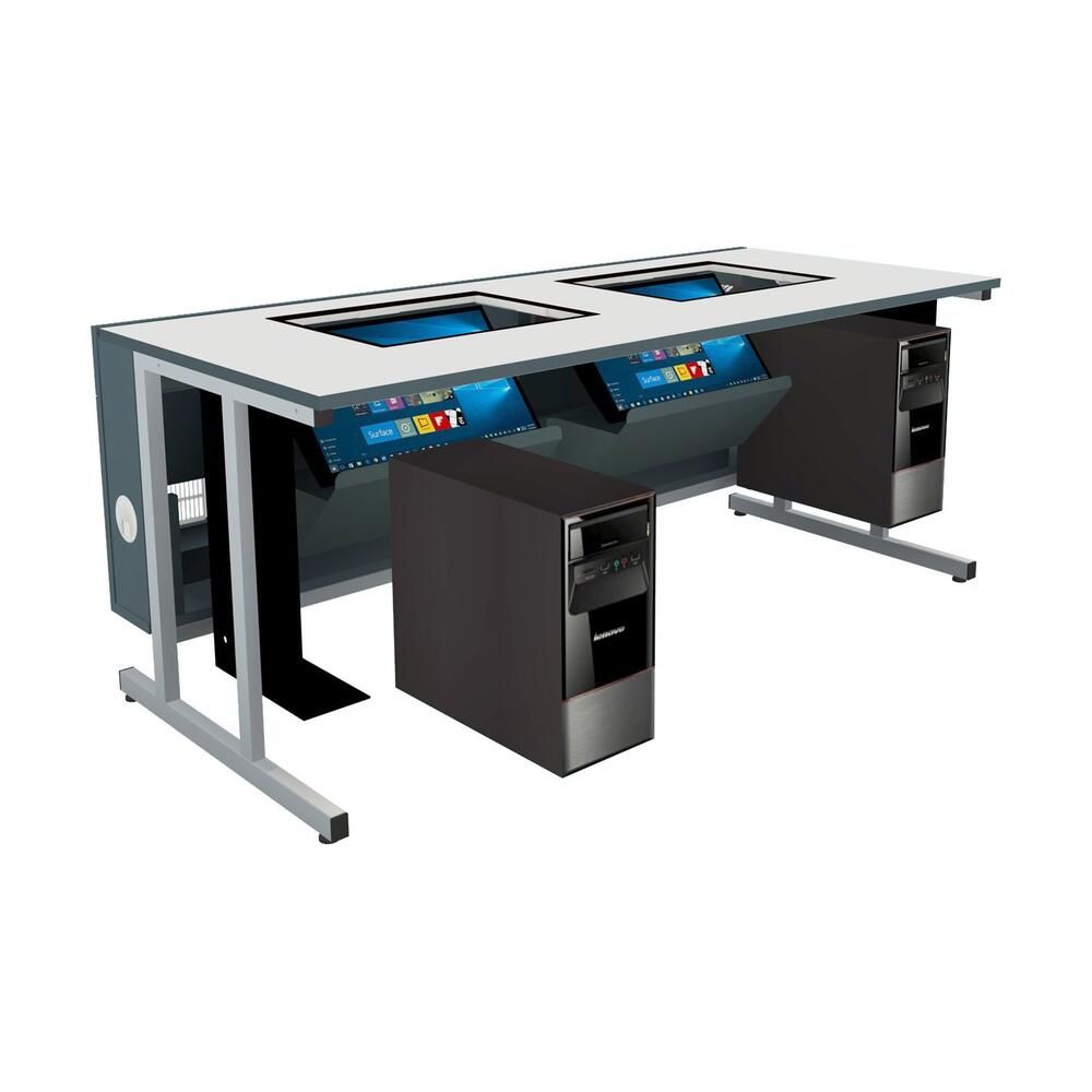 Computerlabortisch für zwei Personen mit eingebauten Monitoren und Tastaturen