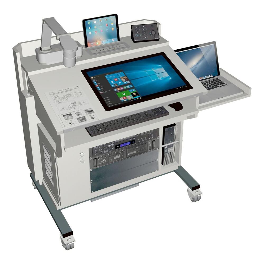 Ein moderner Arbeitsplatz auf Rädern mit einem Touchscreen-Computer, einer Tastatur und verschiedenen elektronischen Geräten