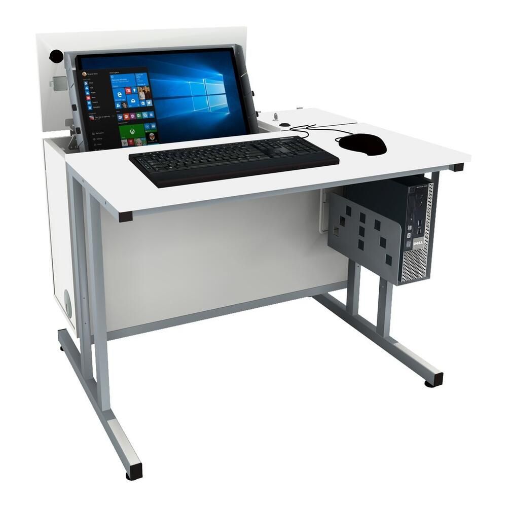 Ein moderner Arbeitsplatz mit einem Touchscreen-Monitor, einer Tastatur und einer Maus sowie einem Desktop-Computer unter einem eleganten weißen Schreibtisch