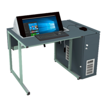 Ein moderner Computertisch mit einem All-in-One-Touchscreen-Monitor, Tastatur, Maus und einem seitlichen Staufach